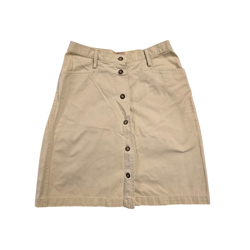 Vintage Khaki Cotton Twill Button Front A-Line Skirt Tan Casualβ Mid-Length
